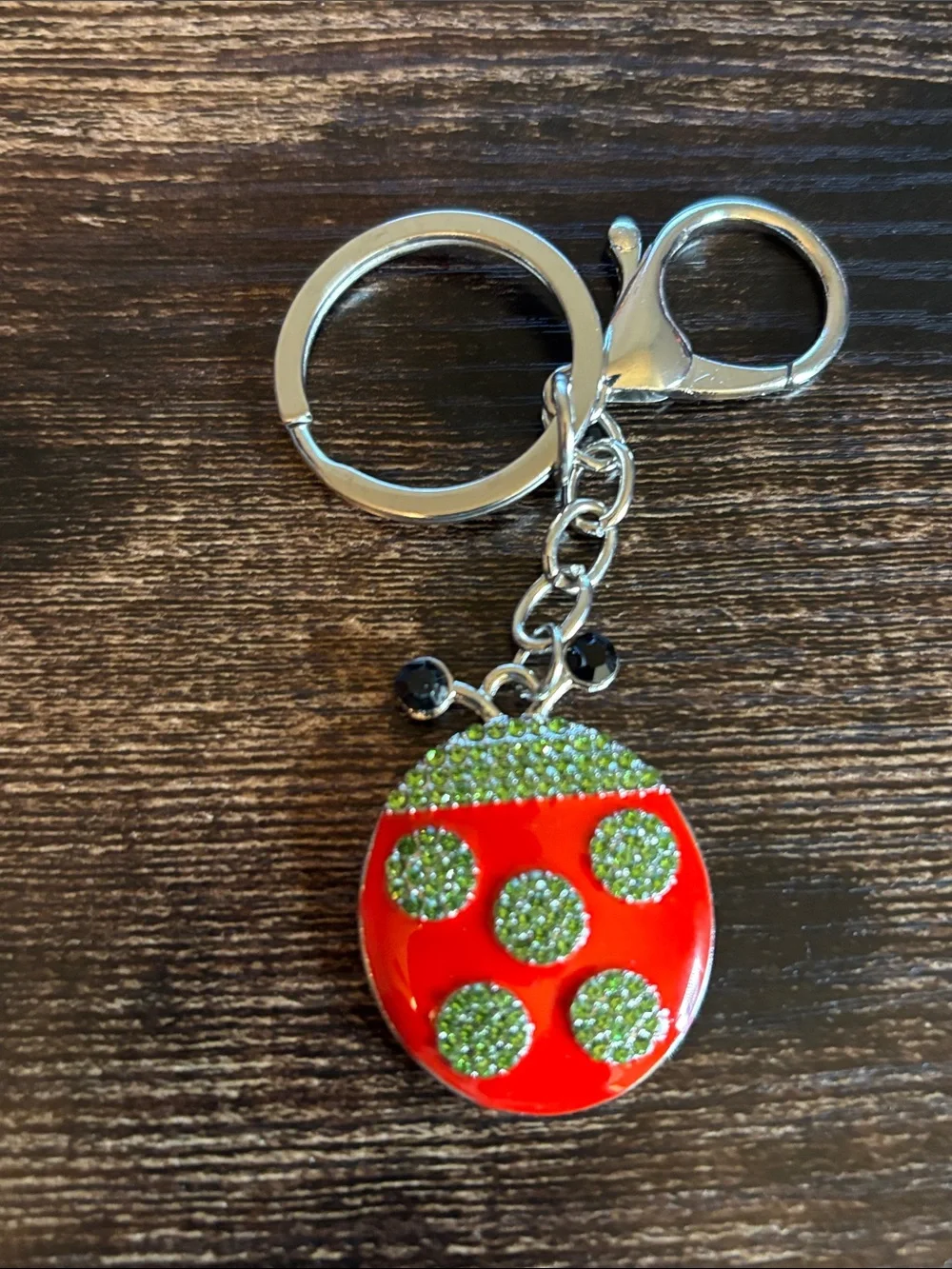 Red‎ and Lime Green Rhinestone Crystal Dot Ladybug Keychain